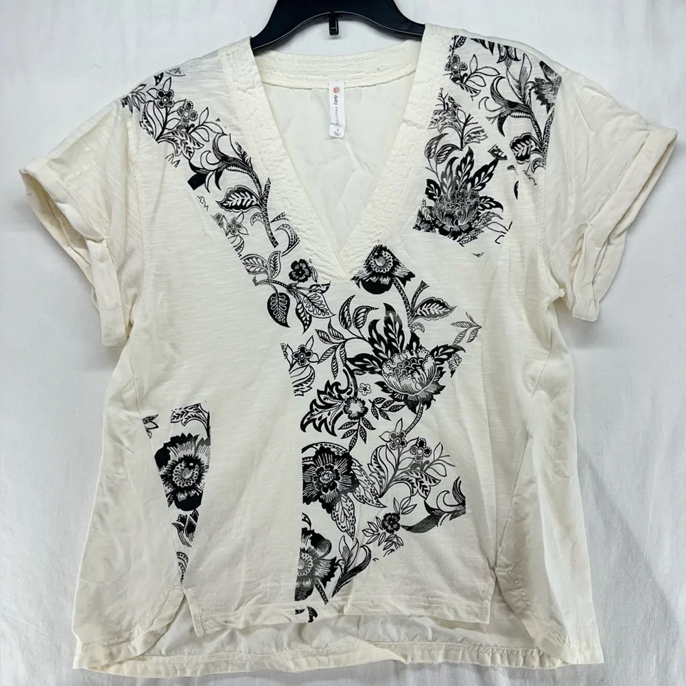 Anthropologie Daily Practice V-Neck Floral Short-Sleeve Top Cream Women’s Small - Picture 2 of 8